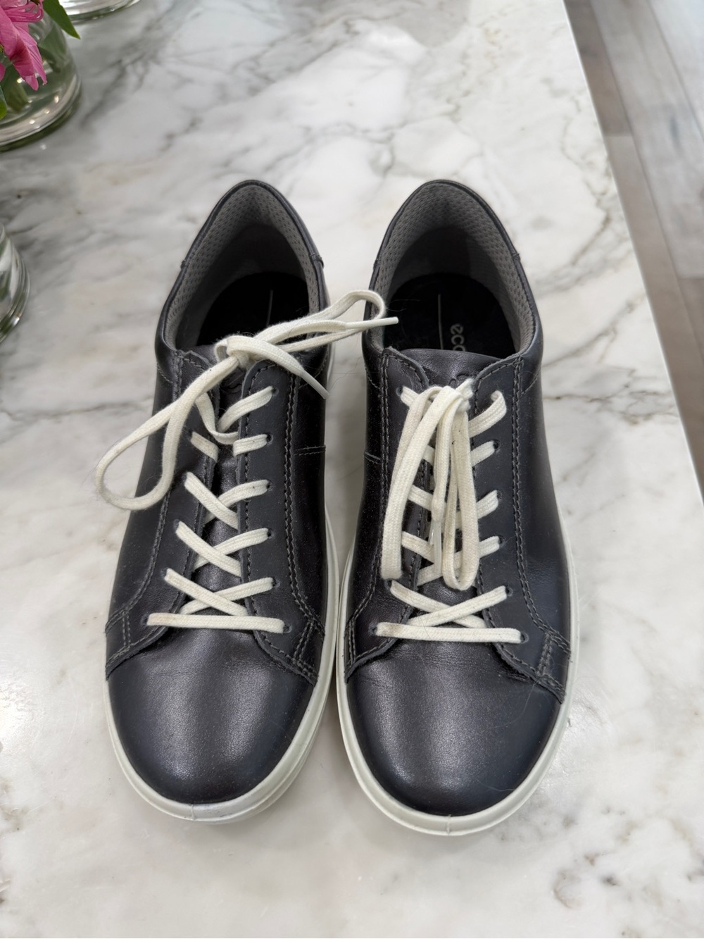 Woman’s Black Leather Lace-Up Sneakers with White Soles